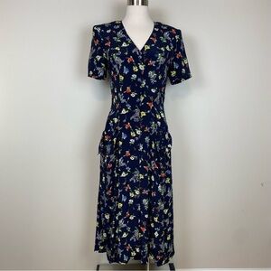 Parallel Vintage Button Front Midi Dress‎ Size 6 Dark Floral Fit & Flare Pockets